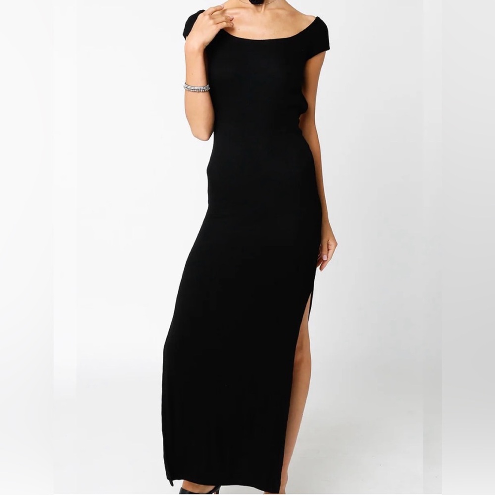 Silence + Noise Off-Shoulder Cap Sleeve Stretch Knit Long Side Slit Black Dress